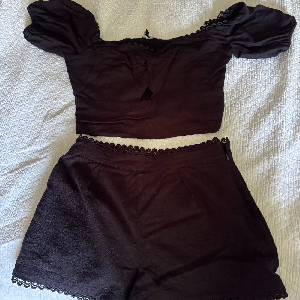 Express Linen Two-Piece Set - Black Linen Crop Top and Shorts Set